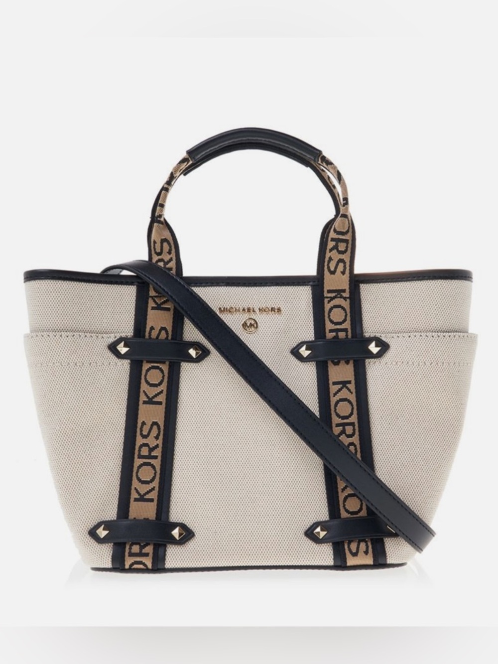 NWT Michael Kors Beige Canvas Meb Tote Bag with Black Trim